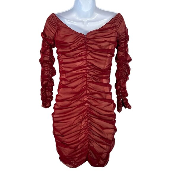House of CB London Fifi Dress Sheer Ruched Mini Off Shoulder Red Wine Medium - Picture 11 of 16